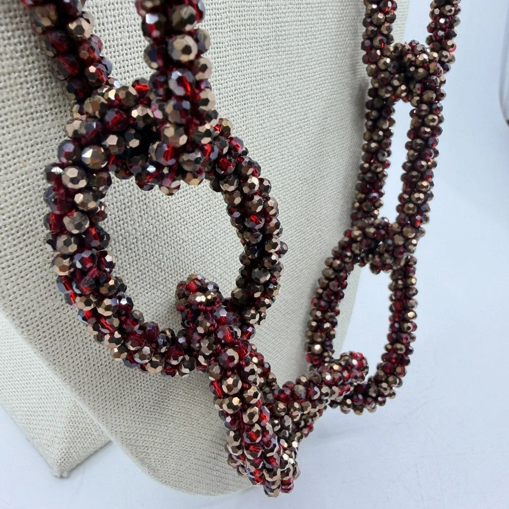 Red Bronze Tone Faceted Bead Woven Chain Link Long Necklace Statement Jewelry